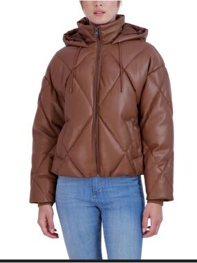 Women's Sebby Collection Faux Leather Quilted Hooded Puffer Jacket - Brown